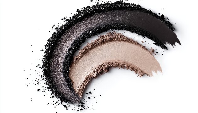 An artistic swirl of black glitter and metallic bronze eyeshadow swatches, forming a bold and glamorous smokey eye effect.