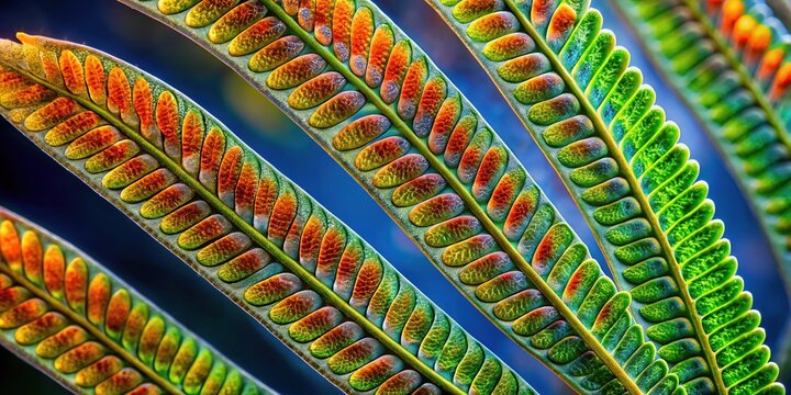 Colorful microscopic view of antheridia, the male reproductive structures of ferns and related plants, showcasing intricate details and fascinating structures under high magnification.