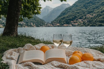 A book and two wine glasses are on a blanket by a lake