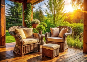 Cozy wicker armchairs with plush cushions and rustic wooden frames adorn a charming small front porch, surrounded by lush greenery and warm sunlight.