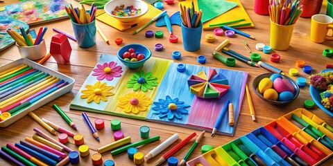 Naklejka premium Crayons spill across the table, a riot of color, surrounded by forms that inspire creativity in young minds, calling forth their inner artists to create a masterpiece.
