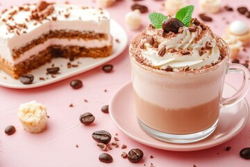 Dalgona coffee and cake on a pink background with generative ai