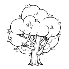 Big old tall lush foliar tree outlined for coloring page isolated on white background