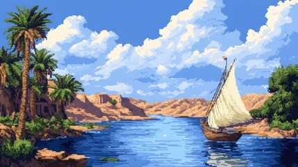 A Sailboat Navigating a Serene River in a Desert Landscape with Palm Trees