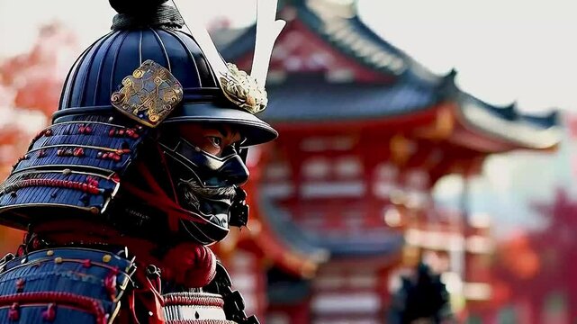 a samurai warrior  with  a red pagoda in the background 
