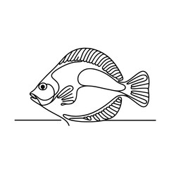 A fish is shown in a black and white drawing. The fish is drawn in a very simple and stylized way, with only the outline of the fish visible. The fish appears to be swimming in a calm