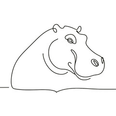 A black and white drawing of a hippo with a smile on its face. The drawing is in a line art style and is on a white background