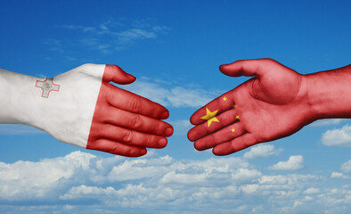 China and Malta country handshaking with flags, consensus concept international co-operation illustration