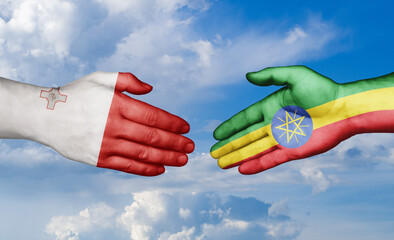 Ethiopia and Malta country handshaking with flags, consensus concept international co-operation illustration