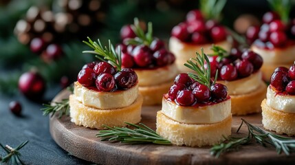 festive platter of mini cranberry and brie canapes with rosemary garnish, perfect for an elegant christmas party concept banner