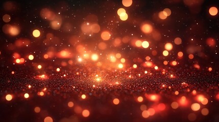 Abstract Red Bokeh Lights With Sparkling Particles On Dark Background