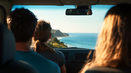 Group of friends on a road trip driving along a coastal highway with the ocean in view, travel, adventure, friendship, scenic drive
