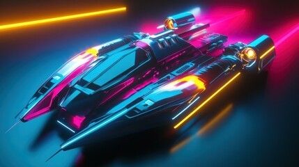 Futuristic Metallic Spaceship with Neon Lights