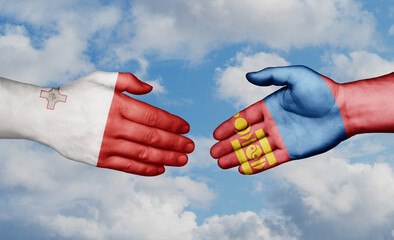 Mongolia and Malta country handshaking with flags, consensus concept international co-operation illustration