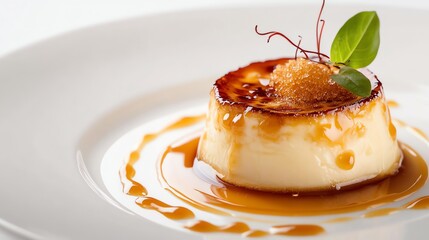 A close-up of a creamy custard dessert topped with a caramel sauce and a leaf.