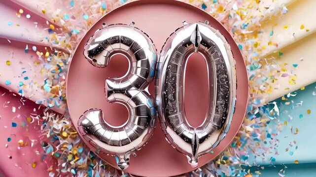 Shiny number 30 balloon, confetti, festive design background