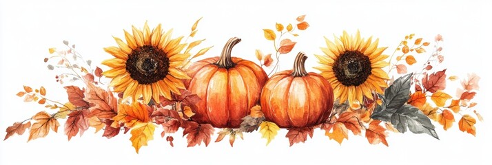 fall harvest illustration, cozy watercolor picture of pumpkins, autumn leaves, and sunflowers ideal for thanksgiving posters or banners, inviting a warm atmosphere