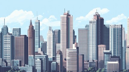 Obraz premium Pixelated Cityscape with Skyscrapers and Clouds