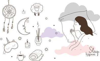 Sleep hygiene infographics. Collection of png icon for health sleeping.  Doodle line art vector hand drawn set illustration. insomnia, Healthy sleep tips. rituals for good sleep. Evening routine