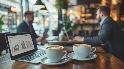 Laptop with Data Analysis and Two Cups of Coffee on a Wooden Table