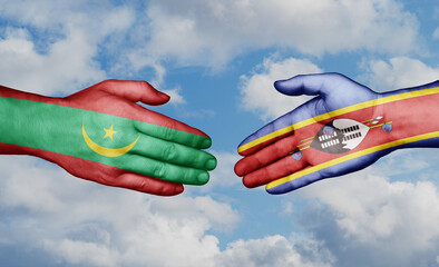 Eswatini formerly Swaziland and Mauritania country handshaking with flags, consensus concept international co-operation illustration