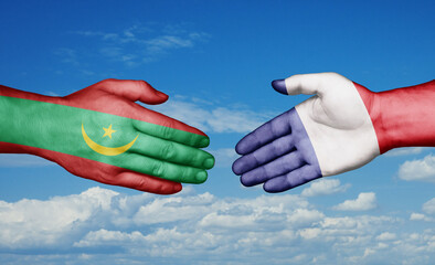 Mauritania and France country handshaking with flags, consensus concept international co-operation illustration