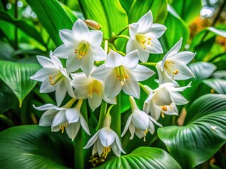 Fototapeta premium Delicate white blooms with yellow centers and dark green leaves of the Eucharis Amazonica, also known as the Amazon Lily, in a lush tropical setting.
