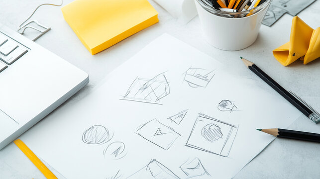 Creative workspace filled with sketches and prototypes entrepreneurs developing new product, business, entrepreneurship, innovation, design thinking