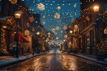Festive Holiday Street with Christmas Decorations, Lights, and Shoppers in Winter Wonderland