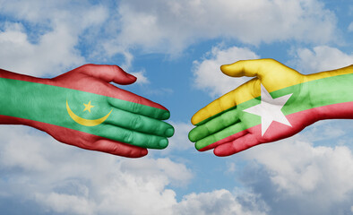 Myanmar aka Burma and Mauritania country handshaking with flags, consensus concept international co-operation illustration