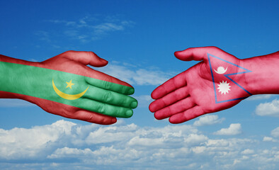 Nepal and Mauritania country handshaking with flags, consensus concept international co-operation illustration