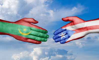 Puerto Rico and Mauritania country handshaking with flags, consensus concept international co-operation illustration