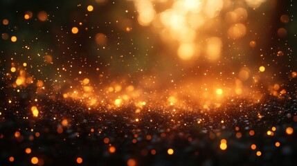 Obraz premium Golden Glowing Sparks With Bokeh Light Particles On Dark Background