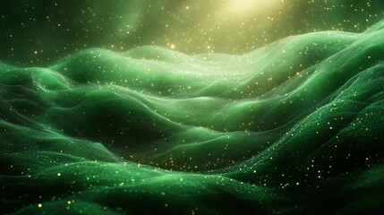 Abstract Green Flowing Hills With Sparkling Light Particles