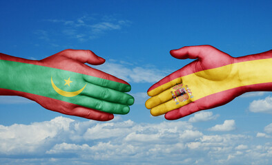 Spain and Mauritania country handshaking with flags, consensus concept international co-operation illustration