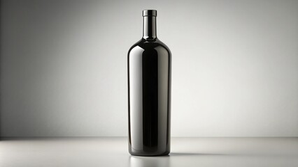 Elegant, empty black glass bottle stands upright on a crisp white background, its sleek curves and subtle texture evoking simplicity and refinement.