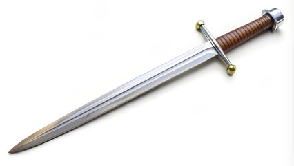 Sharp medieval sword is laying on a white background
