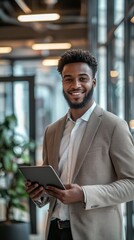 Fototapeta premium A business portrait of a young entrepreneur in a sleek, modern office, holding a tablet and smiling confidently