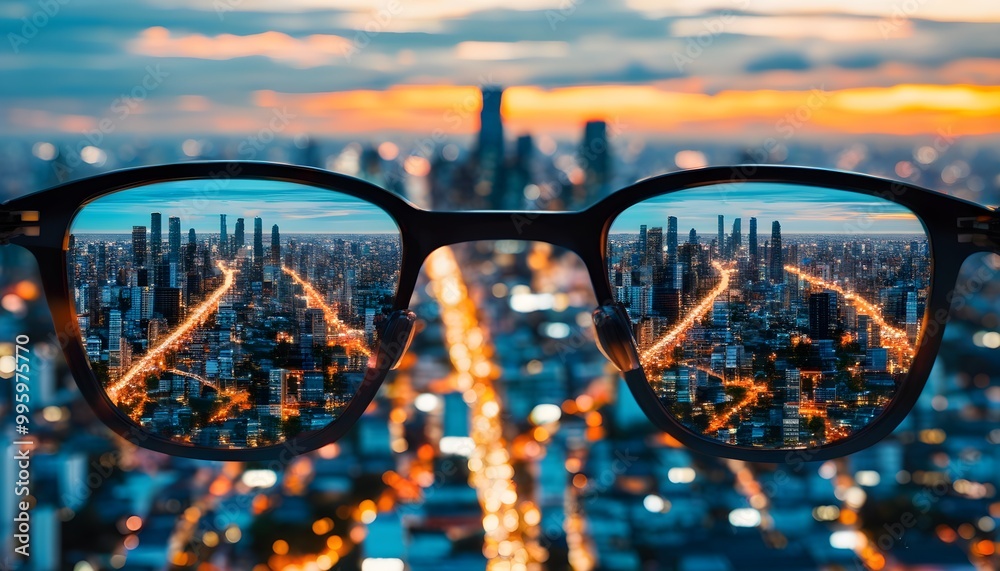 Wall mural Urban skyline mirrored in stylish eyewear