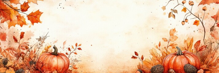 fall themed illustration, a watercolor backdrop featuring pumpkins, autumn leaves, and acorns ideal for creating thanksgiving cards or posters