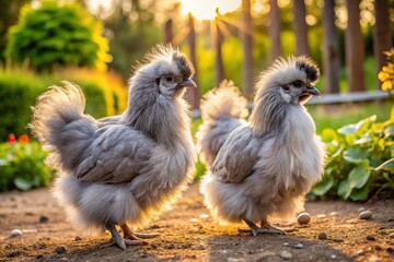 Fototapeta premium Fluffy grey Silkie chickens with soft, silky feathers and endearing faces peck at the ground in a rustic, sun-drenched farmyard setting.