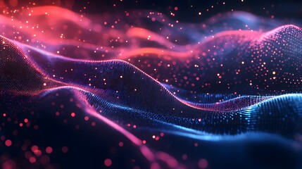 Obraz premium Creative motion waving dots texture with glowing defocused particles. Technology digital wave background concept. Cyber or technology background. 