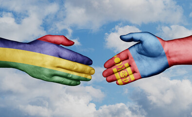 Mongolia and Mauritius country handshaking with flags, consensus concept international co-operation illustration