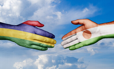 Niger and Mauritius country handshaking with flags, consensus concept international co-operation illustration
