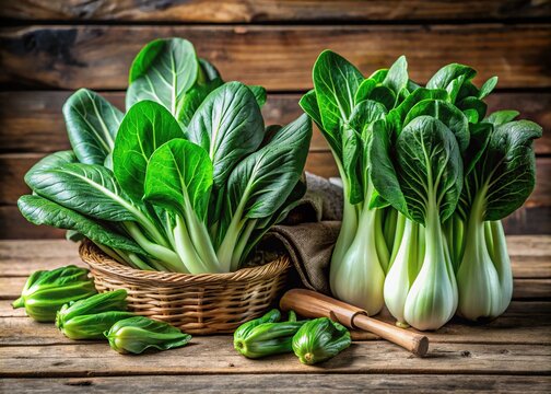 Fresh bundles of crisp, emerald-green Asian leafy vegetables, such as bok choy and gai lan, sit atop a rustic wooden table, surrounded by natural light.
