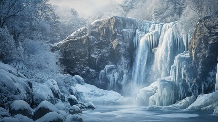 A frozen waterfall cascading down icy cliffs, with snow-covered rocks and trees surrounding the scene.