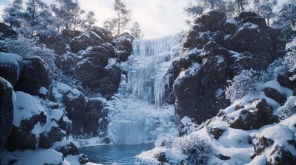 A frozen waterfall cascading down icy cliffs, with snow-covered rocks and trees surrounding the scene.