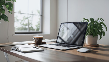 Fototapeta premium desk with laptop in minimalist office