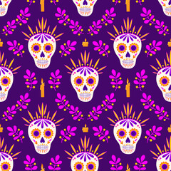 Dia de los muertos seamless vector pattern  with sugar skulls calavera, crowns, candles, fantasy branches on purple background for decoration, textile, stationary, design paper