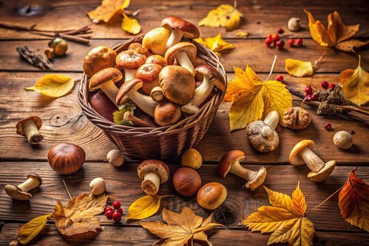 Freshly harvested arselle mushrooms scattered on a rustic wooden table, surrounded by scattered leaves and twigs, with a soft, warm, and earthy color palette.